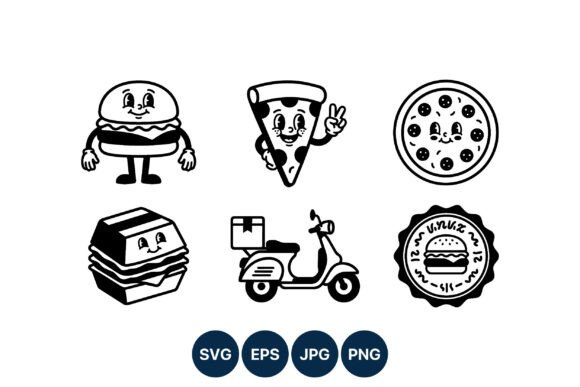 Black White Cartoon Food Characters Graphics & Illustrations