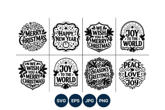 Christmas & New Year Holiday Phrases: Black-and-White Illustrations