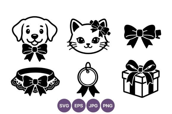 Cute Dog Cat Faces with Bow Vector: Graphics & Illustrations