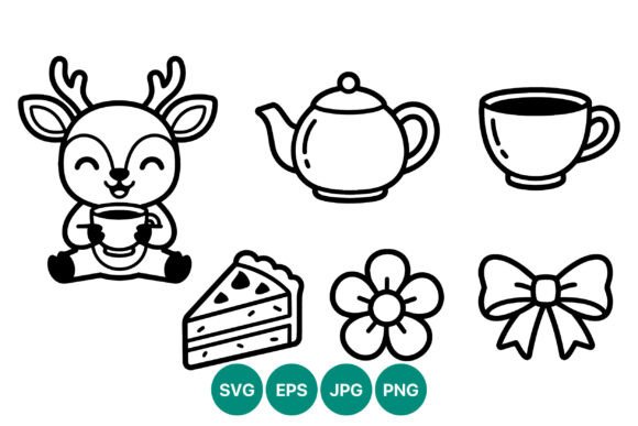 Cute Reindeer Holding Cup Line Art Graphics & Illustrations