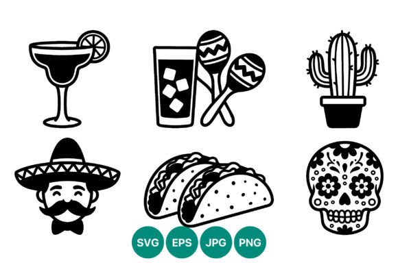 Mexican Themed Black and White Icons: Graphics & Illustrations