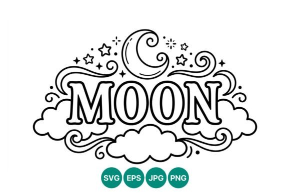 Moon Text Crescent Stars and Clouds Graphics Review