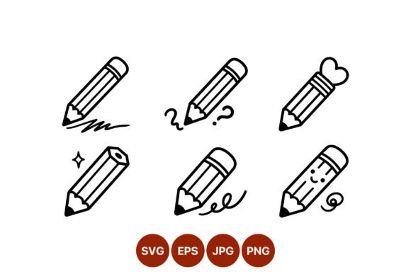 Six Pencil Black White Vector Icons: Graphics & Illustrations for Handmade Brands