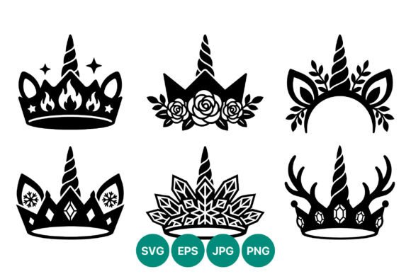 Unicorn Crown Vector Set: Black & White Graphics