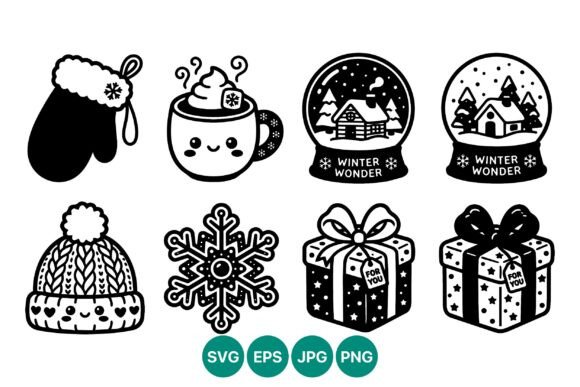 Winter Mittens Hat Gifts Black and White Graphics
